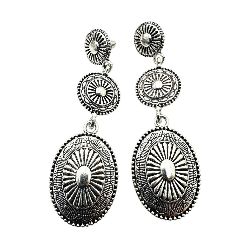 Western Concho Style Silver Tone Chandelier Pierced Earrings 3 Inch